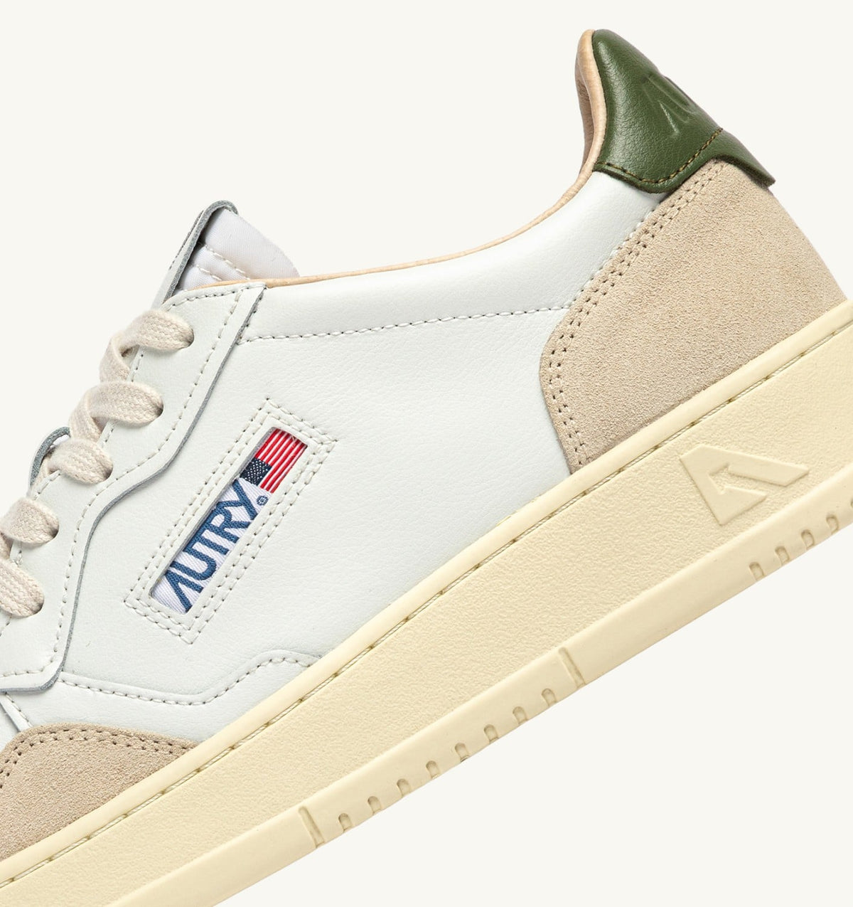 Man MEDALIST LOW SNEAKERS IN WHITE LEATHER AND BRONZE GREEN SUEDE
