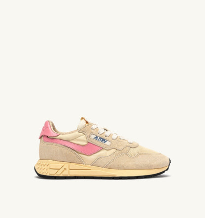 Woman REELWIND LOW SNEAKERS IN ECRU AND GERANIUM PINK NYLON AND SUEDE