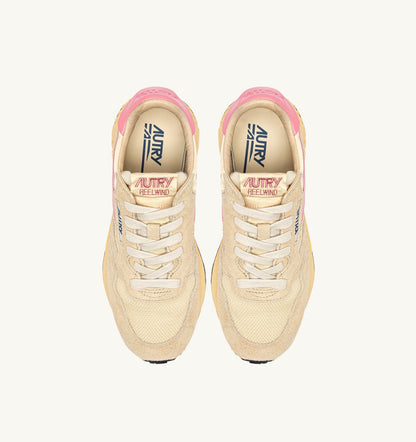 Woman REELWIND LOW SNEAKERS IN ECRU AND GERANIUM PINK NYLON AND SUEDE