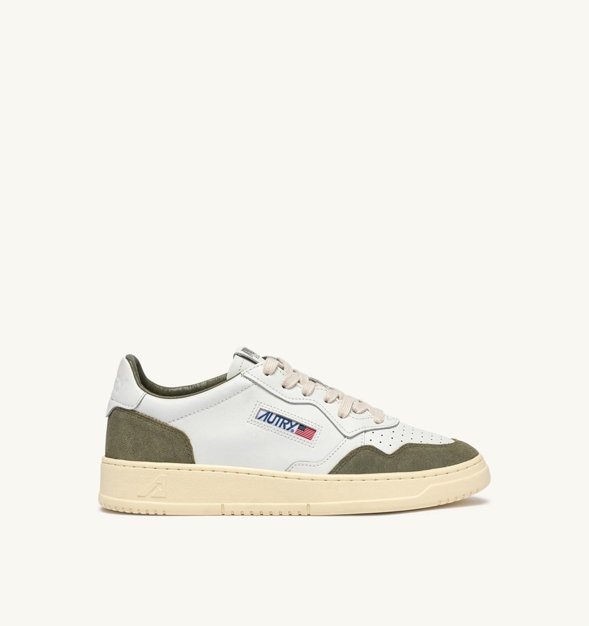 Man MEDALIST LOW SNEAKERS IN WHITE LEATHER AND SMOKED GREEN SUEDE