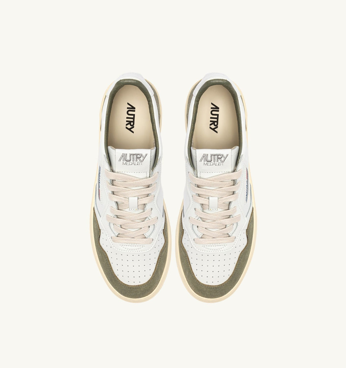 Man MEDALIST LOW SNEAKERS IN WHITE LEATHER AND SMOKED GREEN SUEDE