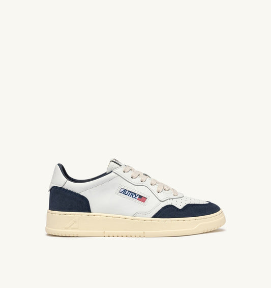 Man MEDALIST LOW SNEAKERS IN WHITE LEATHER AND DENIM SUEDE