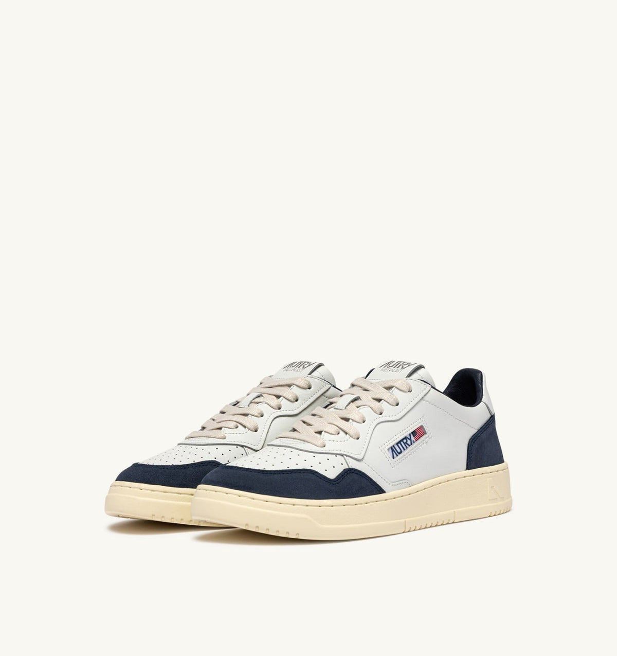 Man MEDALIST LOW SNEAKERS IN WHITE LEATHER AND DENIM SUEDE