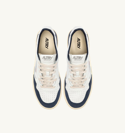 Man MEDALIST LOW SNEAKERS IN WHITE LEATHER AND DENIM SUEDE