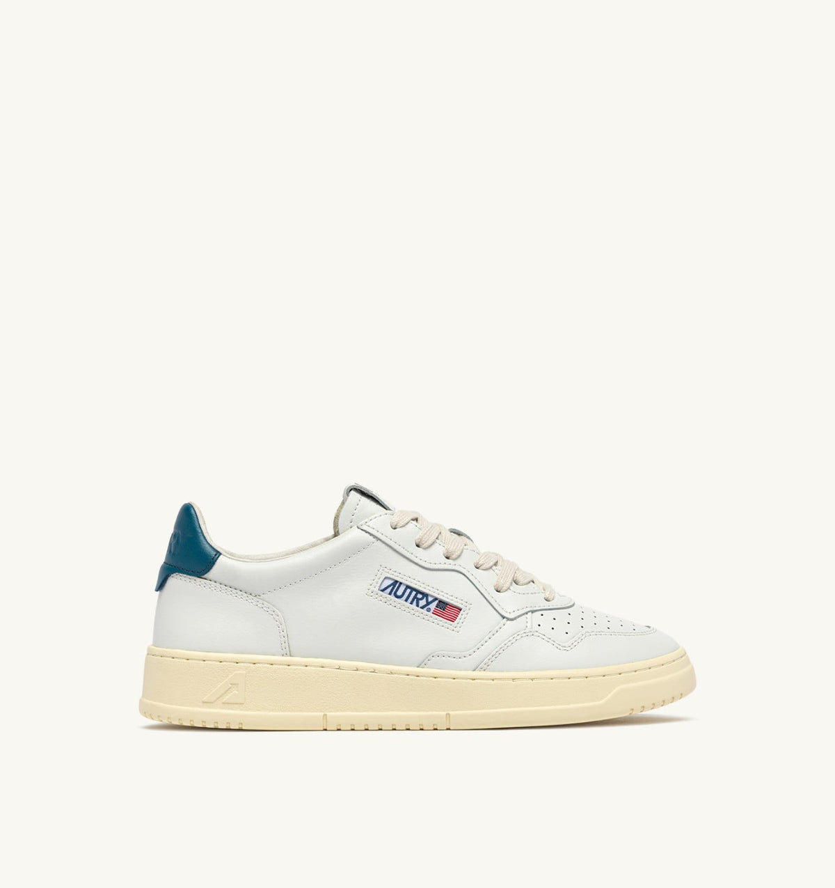 Man MEDALIST LOW SNEAKERS IN WHITE AND MALLARD BLUE LEATHER