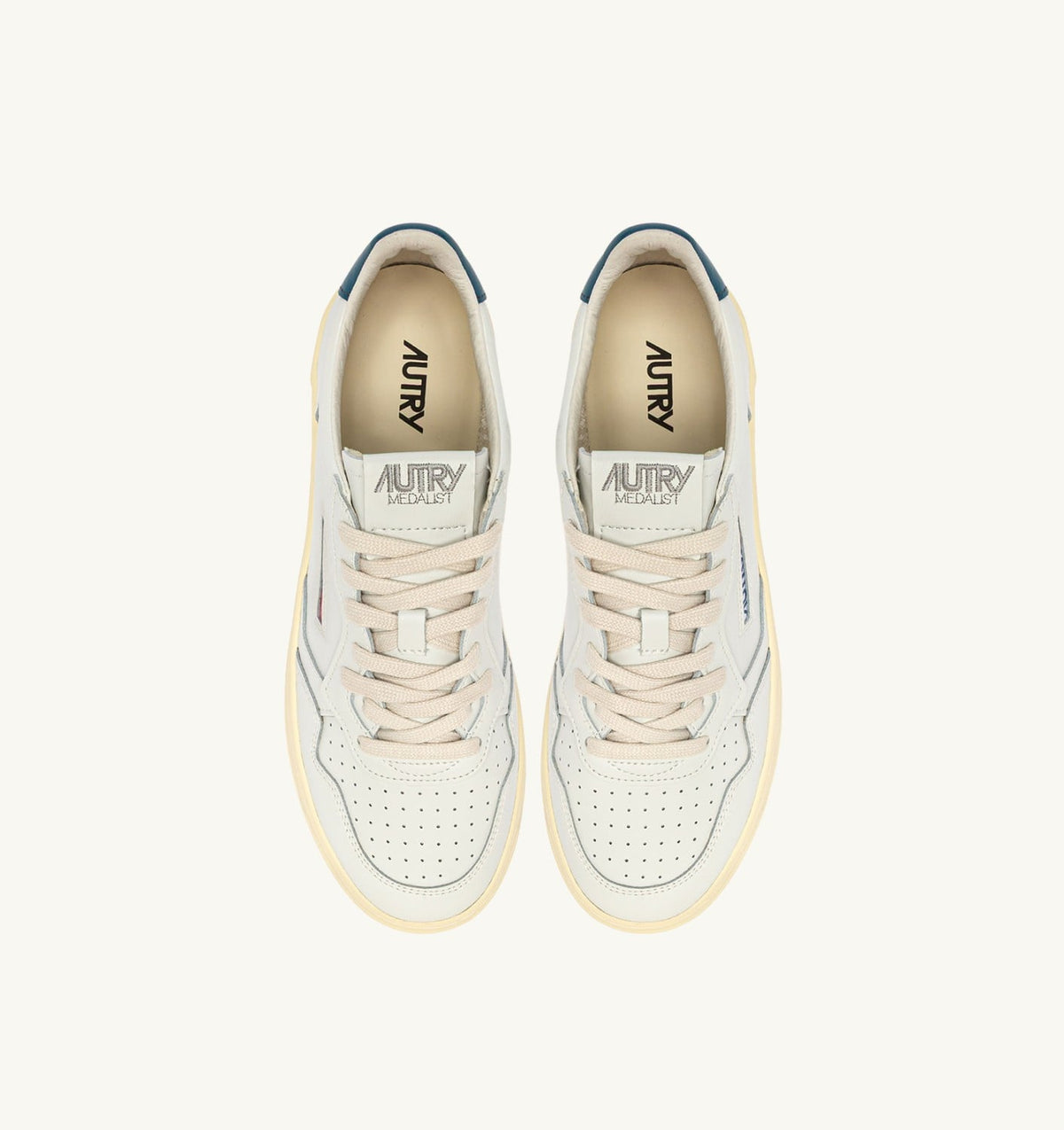 Man MEDALIST LOW SNEAKERS IN WHITE AND MALLARD BLUE LEATHER