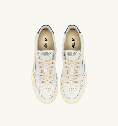 Man MEDALIST LOW SNEAKERS IN WHITE AND MALLARD BLUE LEATHER