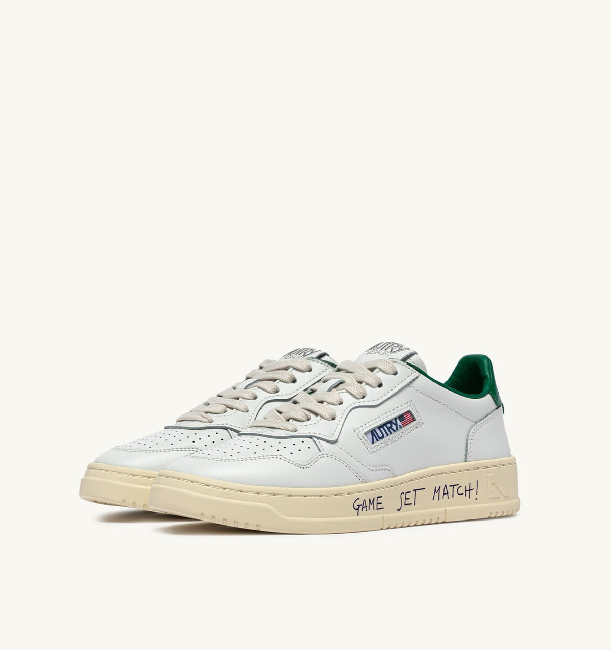 Man MEDALIST LOW SNEAKERS IN LEATHER COLOR WHITE AND GREEN JACKET WITH LETTERING