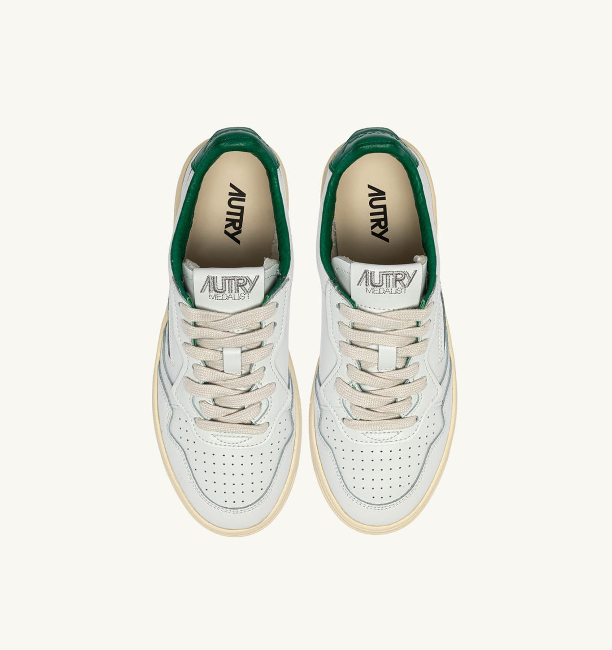 Man MEDALIST LOW SNEAKERS IN LEATHER COLOR WHITE AND GREEN JACKET WITH LETTERING