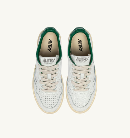 Man MEDALIST LOW SNEAKERS IN LEATHER COLOR WHITE AND GREEN JACKET WITH LETTERING