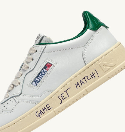 Man MEDALIST LOW SNEAKERS IN LEATHER COLOR WHITE AND GREEN JACKET WITH LETTERING