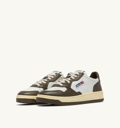 Man MEDALIST LOW BICOLOR SNEAKERS IN WHITE AND CHOCOLATE LEATHER