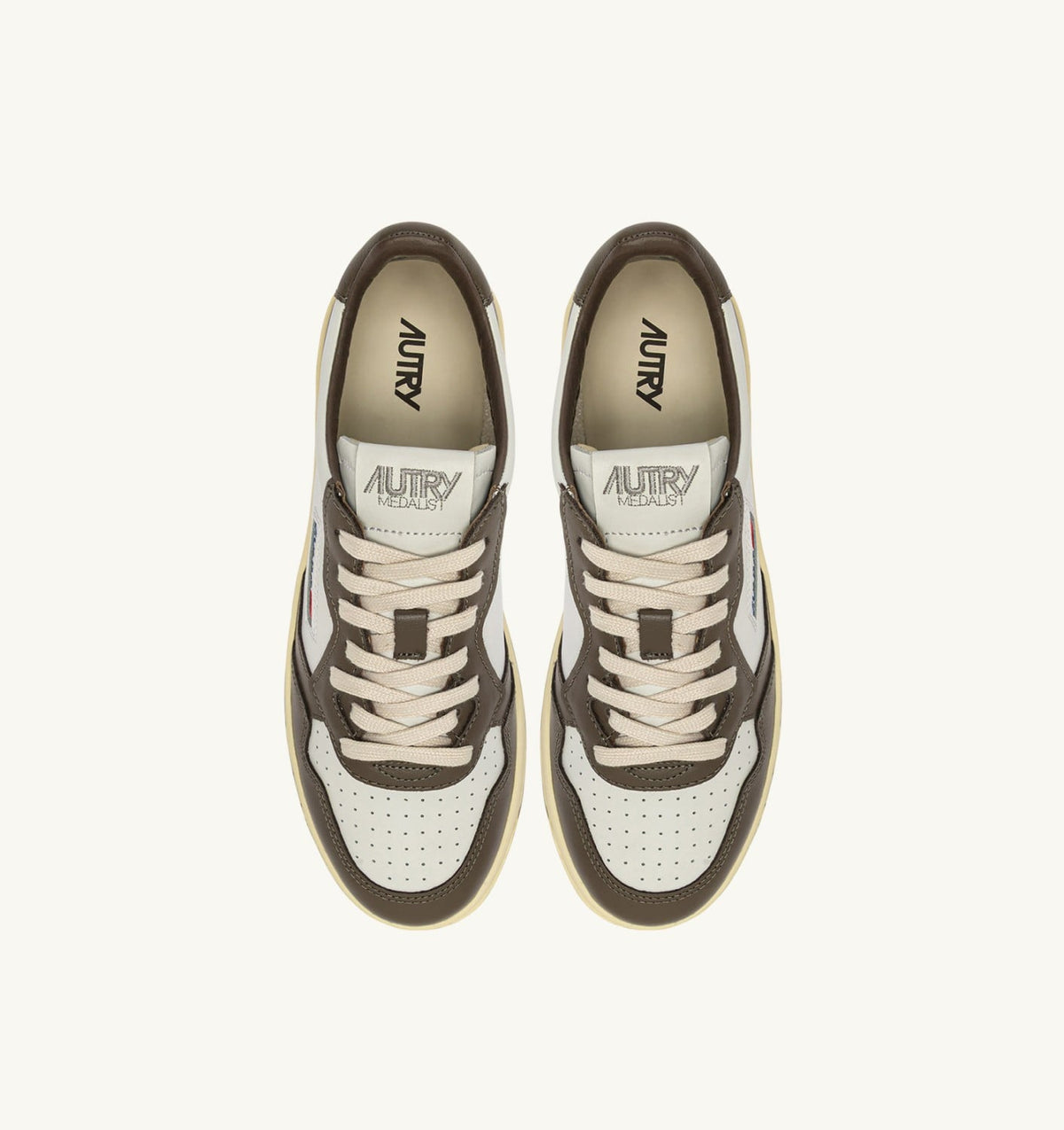 Man MEDALIST LOW BICOLOR SNEAKERS IN WHITE AND CHOCOLATE LEATHER