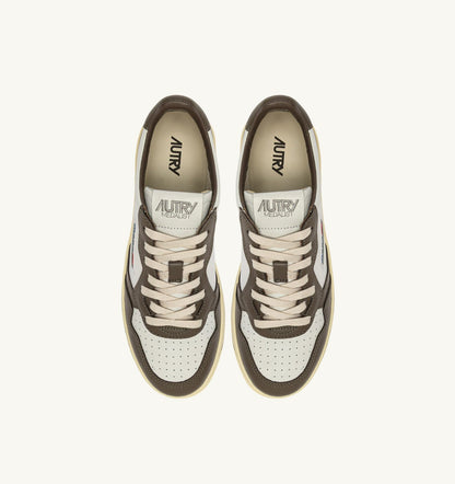 Man MEDALIST LOW BICOLOR SNEAKERS IN WHITE AND CHOCOLATE LEATHER