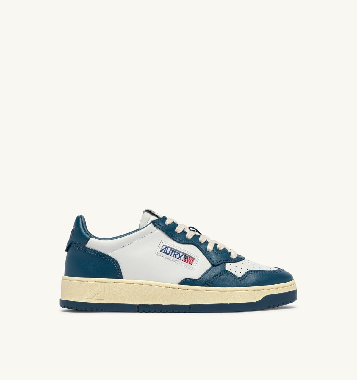 Man MEDALIST LOW BICOLOR SNEAKERS IN WHITE AND MALLARD BLUE LEATHER