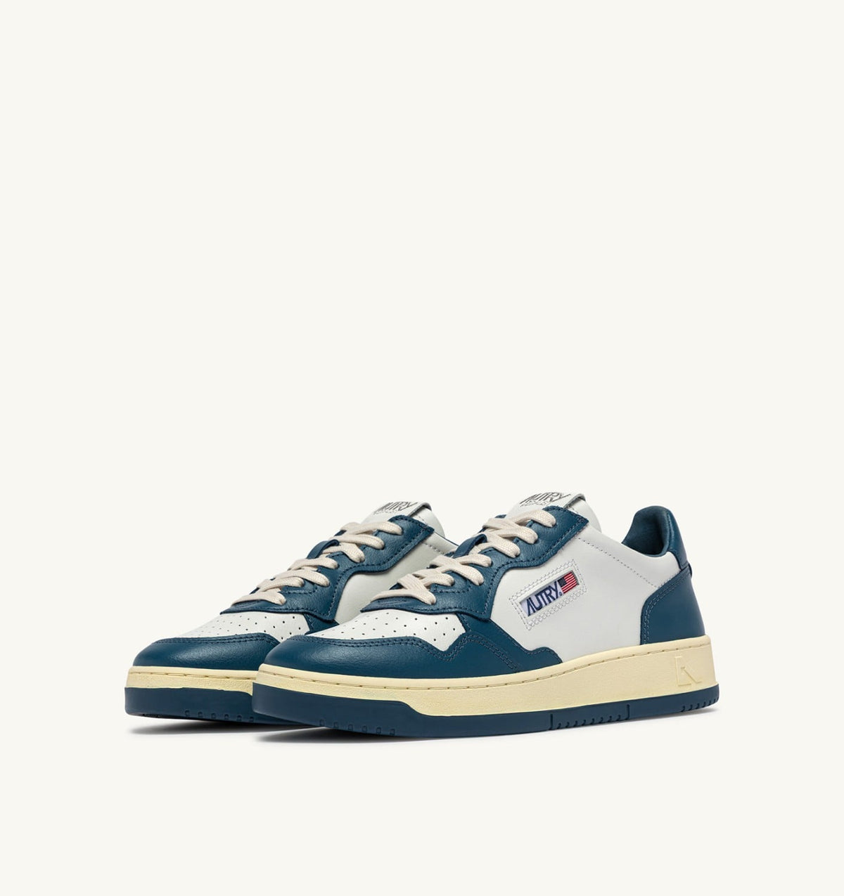 Man MEDALIST LOW BICOLOR SNEAKERS IN WHITE AND MALLARD BLUE LEATHER