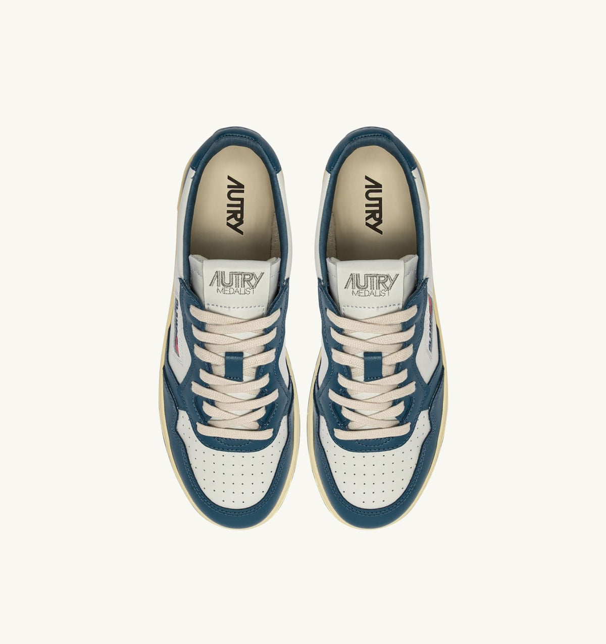 Man MEDALIST LOW BICOLOR SNEAKERS IN WHITE AND MALLARD BLUE LEATHER