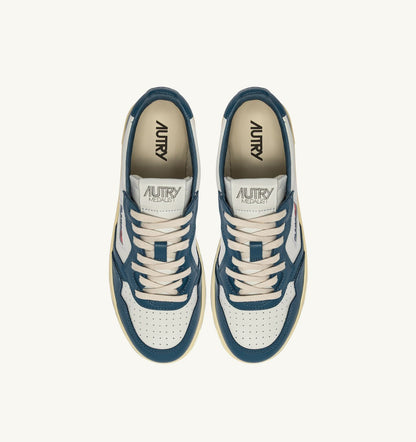 Man MEDALIST LOW BICOLOR SNEAKERS IN WHITE AND MALLARD BLUE LEATHER