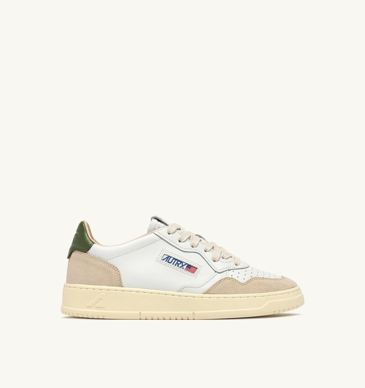 Man MEDALIST LOW SNEAKERS IN WHITE LEATHER AND BRONZE GREEN SUEDE