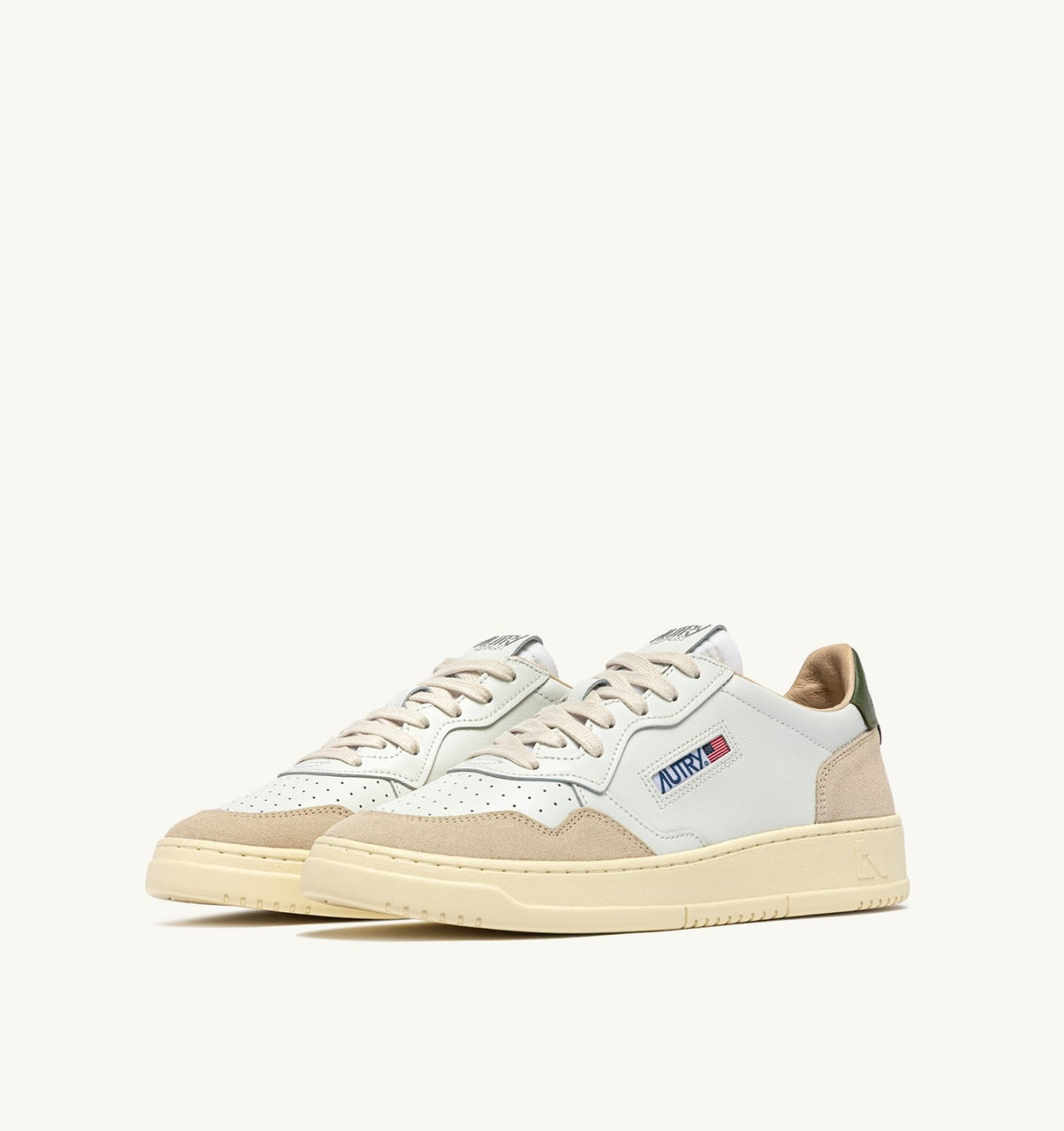 Man MEDALIST LOW SNEAKERS IN WHITE LEATHER AND BRONZE GREEN SUEDE