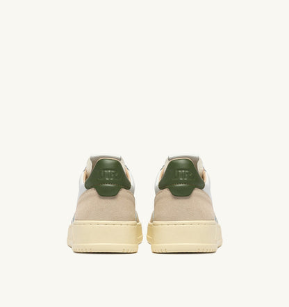 Man MEDALIST LOW SNEAKERS IN WHITE LEATHER AND BRONZE GREEN SUEDE