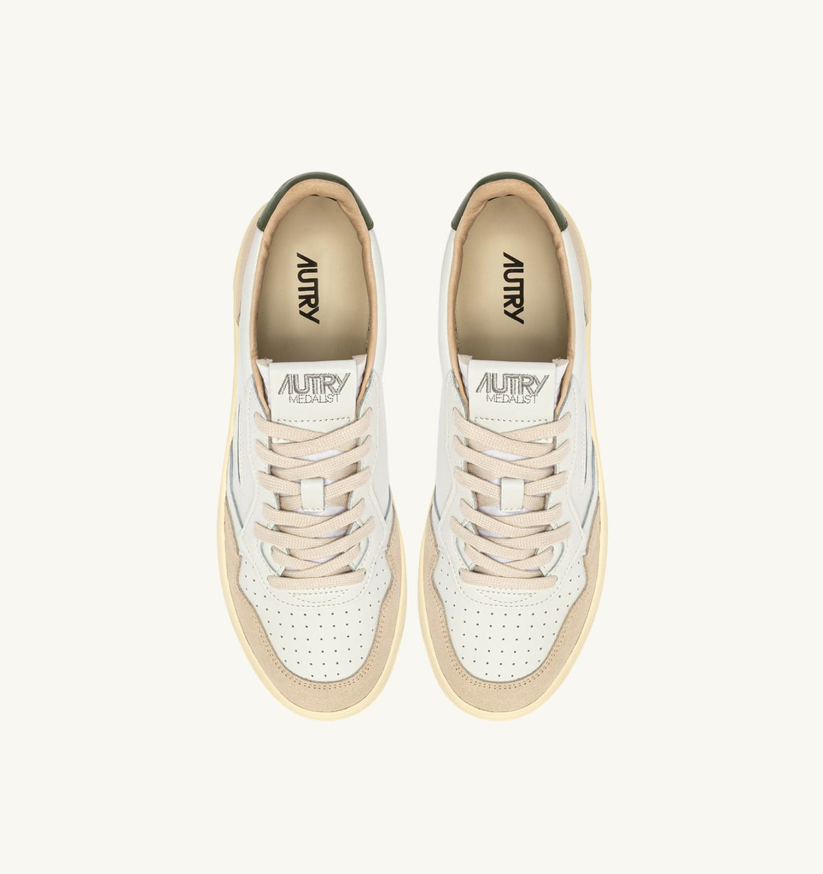Man MEDALIST LOW SNEAKERS IN WHITE LEATHER AND BRONZE GREEN SUEDE