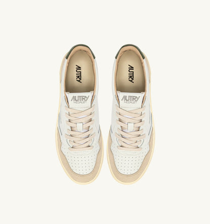 Man MEDALIST LOW SNEAKERS IN WHITE LEATHER AND BRONZE GREEN SUEDE