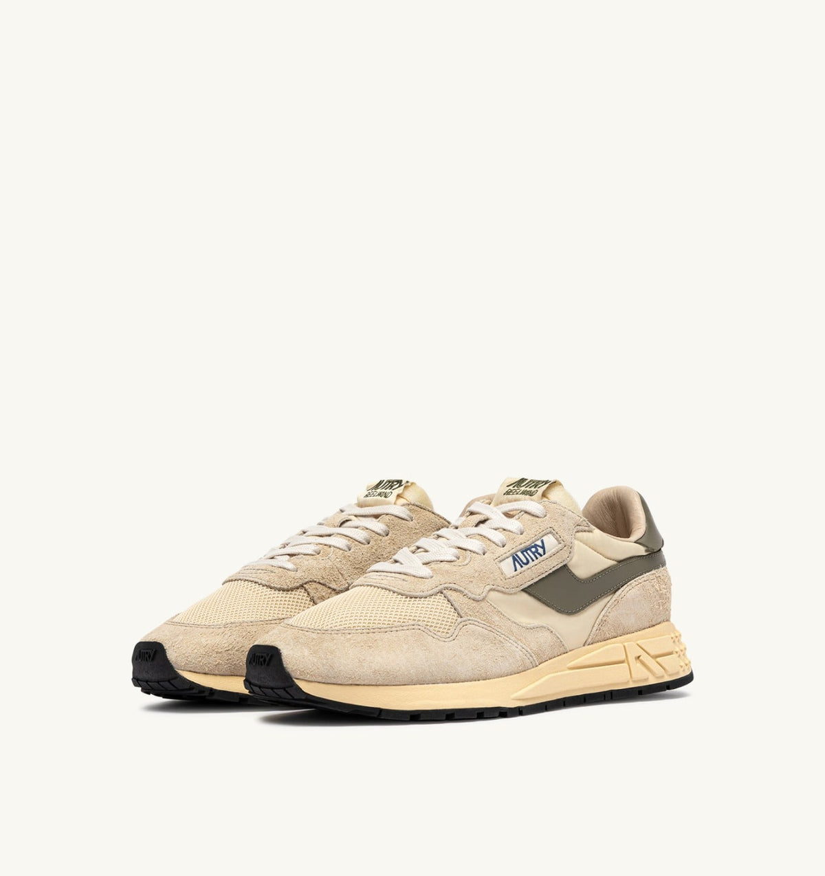 Man REELWIND LOW SNEAKERS IN ECRU AND COVERT GREEN NYLON AND SUEDE