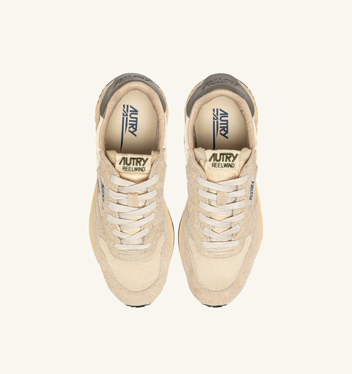 Man REELWIND LOW SNEAKERS IN ECRU AND COVERT GREEN NYLON AND SUEDE