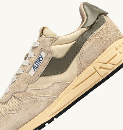 Man REELWIND LOW SNEAKERS IN ECRU AND COVERT GREEN NYLON AND SUEDE