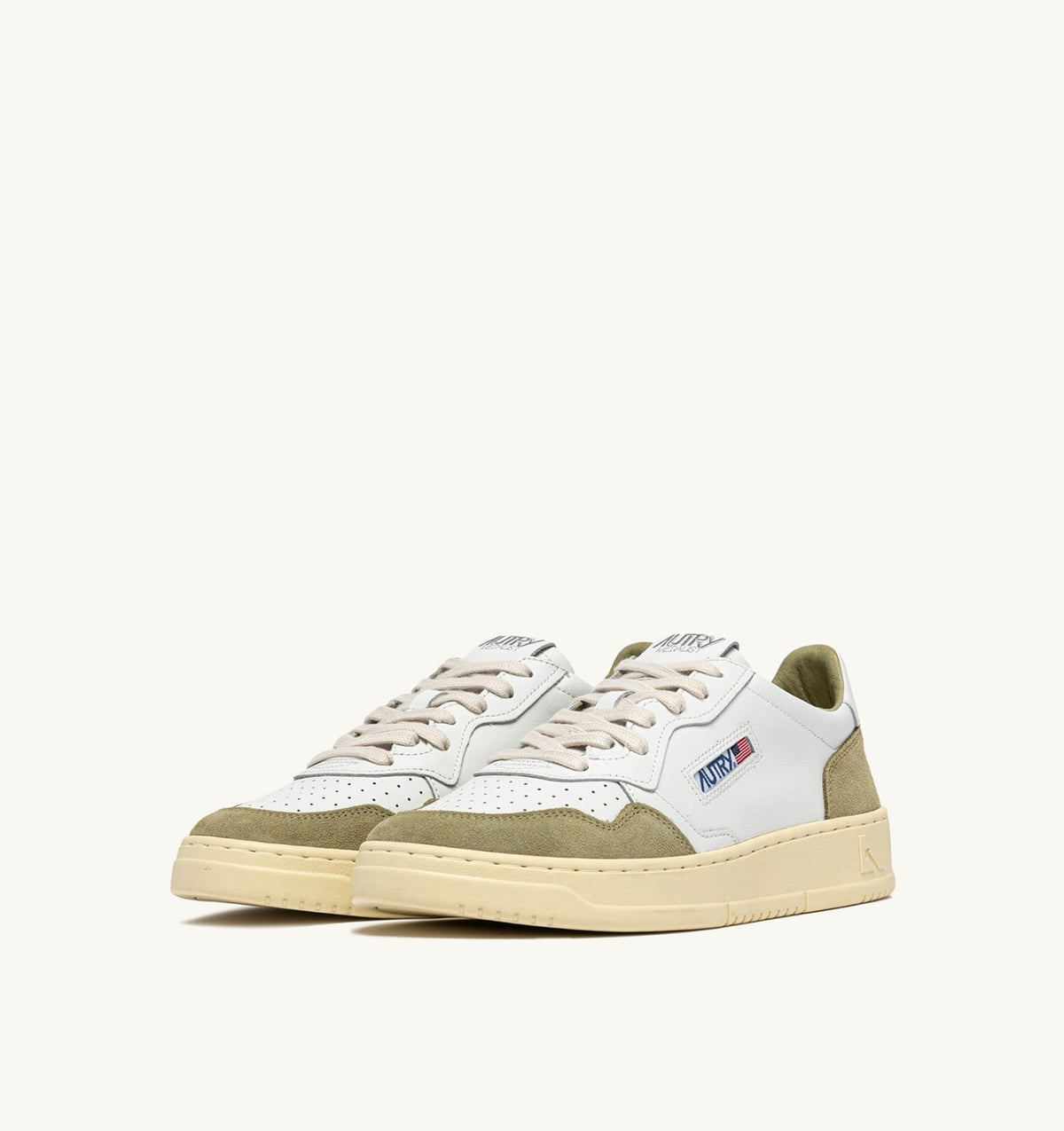 Man MEDALIST LOW SNEAKERS IN WHITE LEATHER AND GRAY GREEN SUEDE