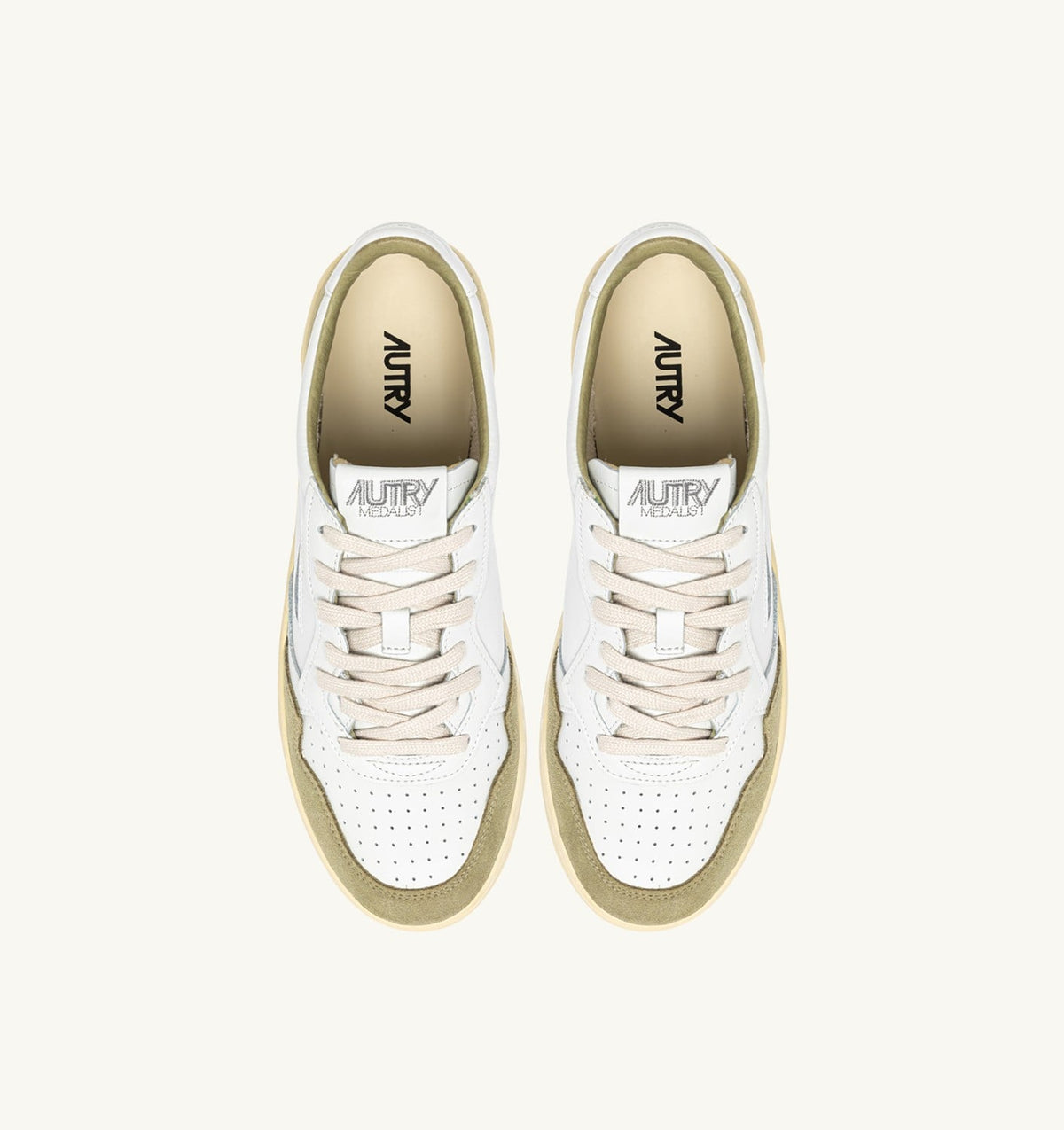 Man MEDALIST LOW SNEAKERS IN WHITE LEATHER AND GRAY GREEN SUEDE