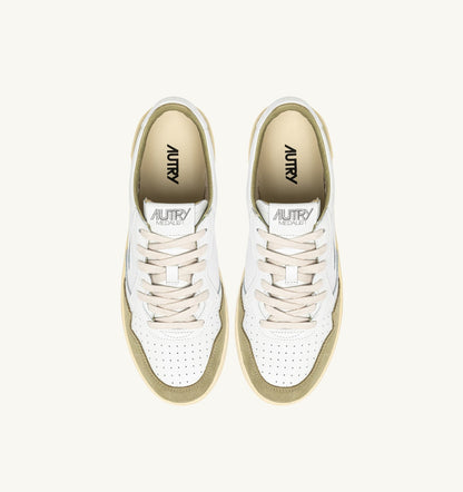 Man MEDALIST LOW SNEAKERS IN WHITE LEATHER AND GRAY GREEN SUEDE