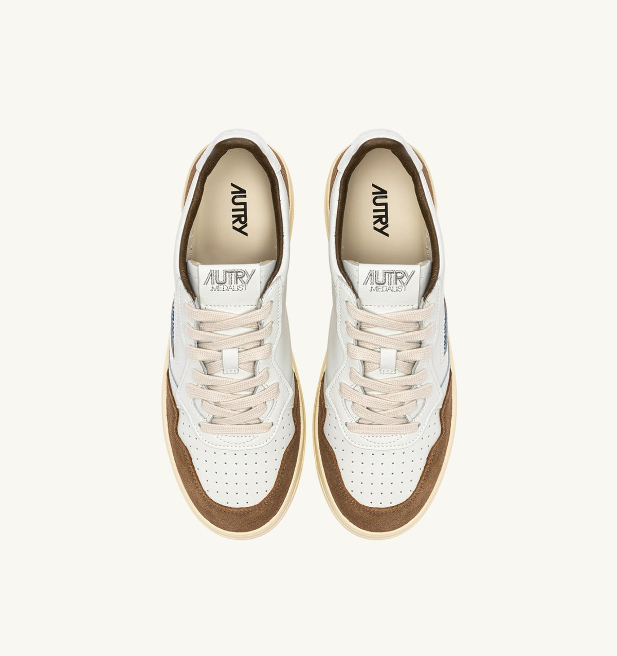 Man MEDALIST LOW SNEAKERS IN WHITE LEATHER AND TOBACCO SUEDE