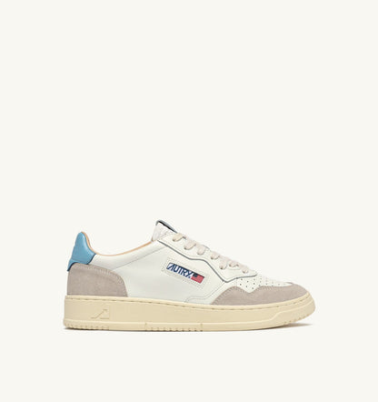 Man MEDALIST LOW SNEAKERS IN WHITE AND FORGET ME NOT SUEDE AND LEATHER