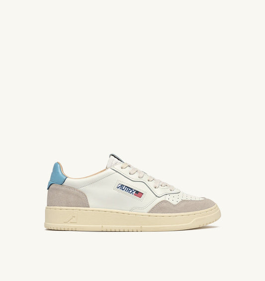 Man MEDALIST LOW SNEAKERS IN WHITE AND FORGET ME NOT SUEDE AND LEATHER