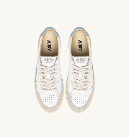 Man MEDALIST LOW SNEAKERS IN WHITE AND FORGET ME NOT SUEDE AND LEATHER