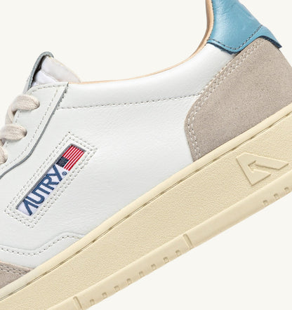 Man MEDALIST LOW SNEAKERS IN WHITE AND FORGET ME NOT SUEDE AND LEATHER