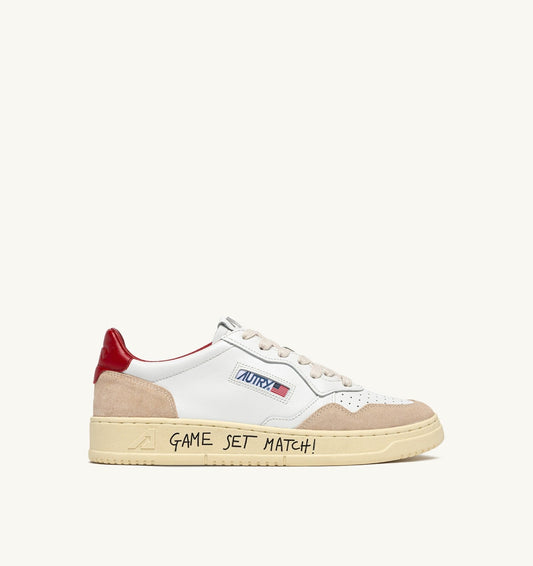 Man MEDALIST LOW SNEAKERS IN WHITE AND RED SUEDE AND LEATHER WITH LETTERING