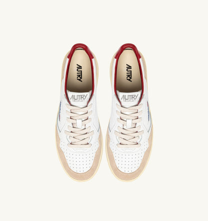 Man MEDALIST LOW SNEAKERS IN WHITE AND RED SUEDE AND LEATHER WITH LETTERING