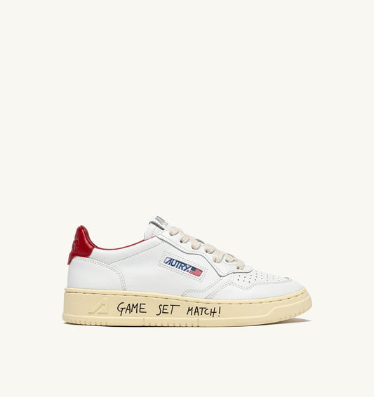 Man MEDALIST LOW SNEAKERS IN WHITE AND RED LEATHER WITH LETTERING