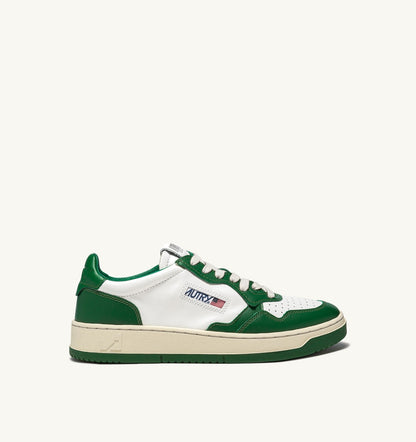 Man MEDALIST LOW BICOLOR SNEAKERS IN WHITE AND GREEN LEATHER