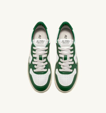 Man MEDALIST LOW BICOLOR SNEAKERS IN WHITE AND GREEN LEATHER