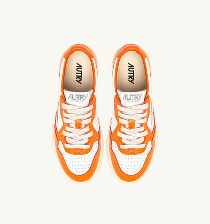 Man MEDALIST LOW BICOLOR SNEAKERS IN WHITE AND PARSIMMON ORANGE LEATHER