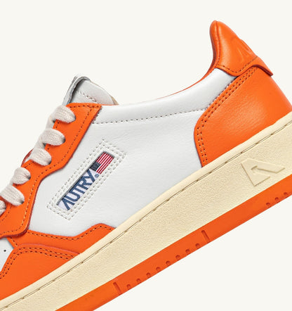 Man MEDALIST LOW BICOLOR SNEAKERS IN WHITE AND PARSIMMON ORANGE LEATHER