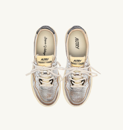 Woman MEDALIST LOW SUPER VINTAGE SNEAKERS IN SILVER, PLATINUM AND BLACK LEATHER