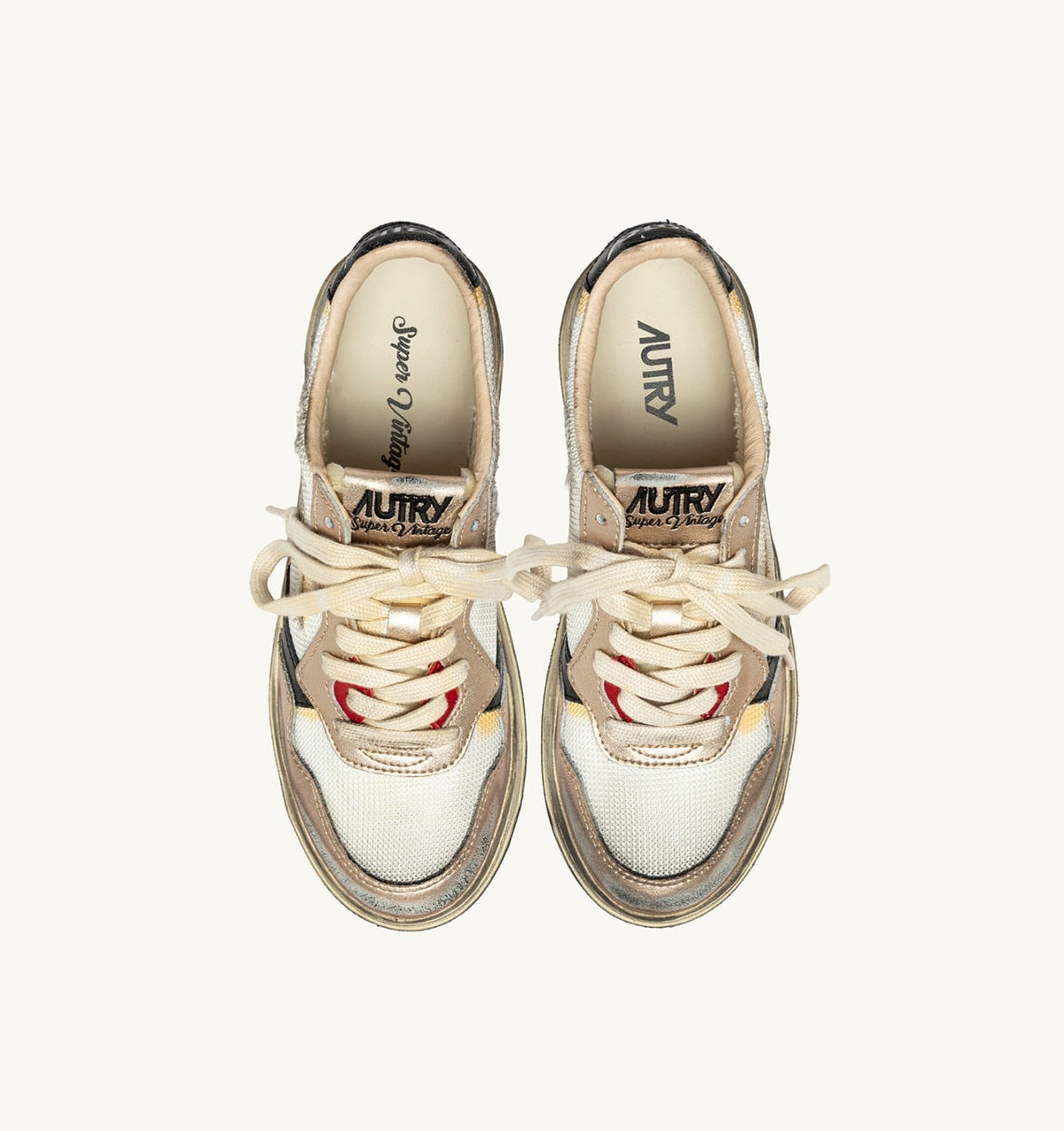 Woman MEDALIST LOW SUPER VINTAGE SNEAKERS IN WHITE MESH, GOLD SUEDE AND BLACK LEATHER