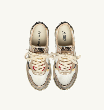 Woman MEDALIST LOW SUPER VINTAGE SNEAKERS IN WHITE MESH, GOLD SUEDE AND BLACK LEATHER