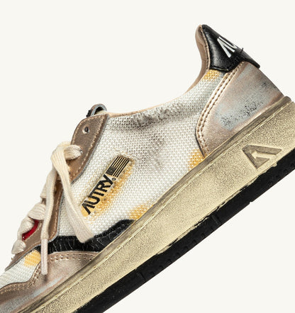 Woman MEDALIST LOW SUPER VINTAGE SNEAKERS IN WHITE MESH, GOLD SUEDE AND BLACK LEATHER