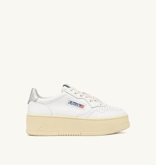 Woman MEDALIST PLATFORM SNEAKERS IN WHITE AND METALIZED SILVER LEATHER